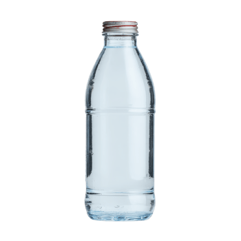 Clear glass bottle filled with water, featuring metal cap, stands against plain background. simple design highlights bottle transparency and purity of water inside png