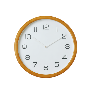 Round wall clock with wooden frame and minimalist design features black numerals and hands on white face, showing simple and elegant style png