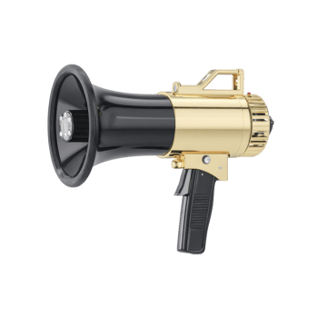Shiny gold and black megaphone with sleek design, featuring handle and flared horn, isolated on transparency background. megaphone exudes sense of luxury and modernity png