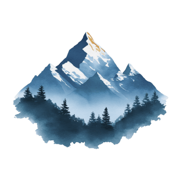 Serene watercolor painting of majestic mountain peak with snow capped summits and forest of evergreen trees at its base, evoking sense of tranquility and natural beauty png