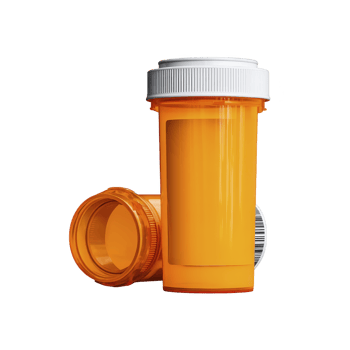 Two orange prescription pill bottles with white caps are displayed, one standing upright and other lying on its side. bottles are empty, highlighting their translucent design png