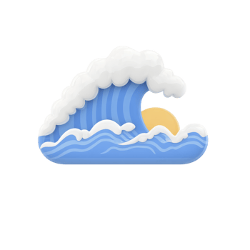 Stylized illustration of blue ocean wave with white crest, capturing yellow sun setting in background. design is simple and vibrant, evoking sense of calm and nature png