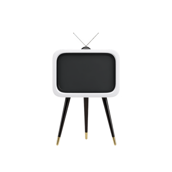 Retro style television with white frame and black screen stands on three legs, featuring antenna on top. design evokes sense of nostalgia and vintage charm png