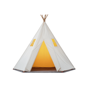 White teepee tent with warm yellow interior and small window openings stands on plain background, evoking sense of adventure and coziness png