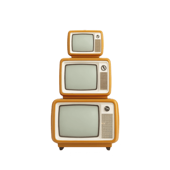Three vintage televisions are stacked on top of each other, showcasing retro design and nostalgic charm. TVs have classic style with dials and antennas, evoking sense of history png
