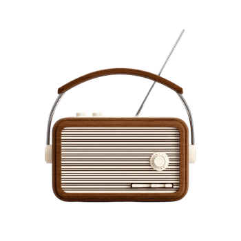 Vintage style radio with wooden frame and metal antenna evokes nostalgia. design features striped front panel and classic knobs, blending retro aesthetics with functionality png