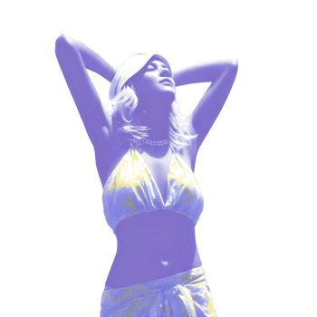 Woman vibrant, artistic style poses confidently with her arms raised, wearing bikini and sarong. image features unique color palette with purple and yellow tones, creating striking visual effect png