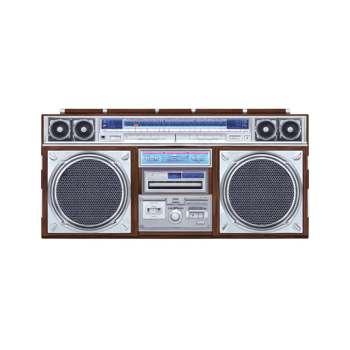 Vintage boombox with large speakers, cassette player, and radio tuner, showcasing retro design and nostalgic appeal. classic audio equipment evokes memories of 1980s music scene png