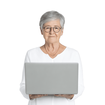 Elderly woman with short gray hair and glasses holding laptop, wearing white sweater, isolated on transparency background. She appears focused and engaged png