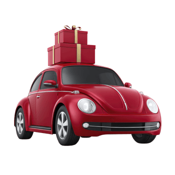 Red vintage car with gift boxes on roof, symbolizing holiday travel and festive spirit. car classic design and vibrant color add cheerful touch to scene png