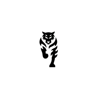 Fierce tiger silhouette is depicted in bold, dynamic pose, showcasing strength and power. black and white design emphasizes tiger muscular form and intense gaze, creating striking visual impact png