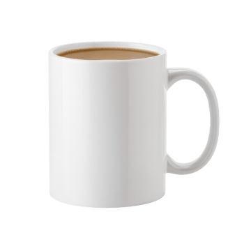 White ceramic mug filled with coffee sits against plain background, showcasing simple and clean design. mug smooth surface and classic shape make it ideal for hot beverages png
