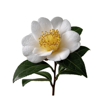 Beautiful white camellia flower with dewdrops on its petals and vibrant yellow stamens, set against green leaves. image captures delicate and fresh essence of flower png