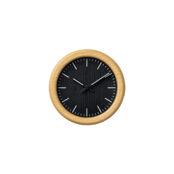 Modern wall clock with sleek black face and minimalist design is encased in wooden frame, offering stylish and functional addition to any room png