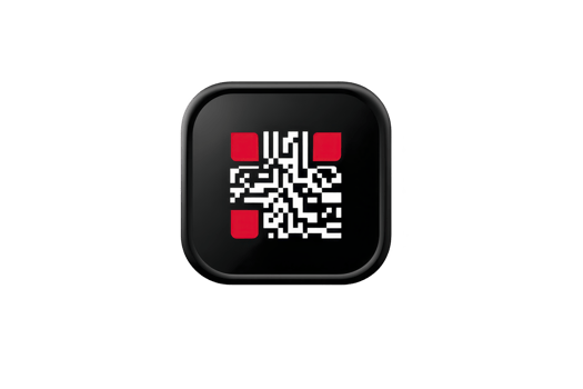 Black square icon features QR code with red accents, set against transparent background. design is modern and minimalistic, suitable for digital applications or branding png