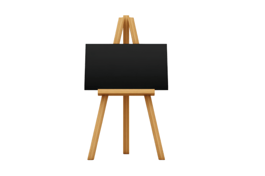 Wooden easel stands with blank black canvas, ready for artistic expression. simple design and neutral colors make it ideal for various creative projects or presentations png