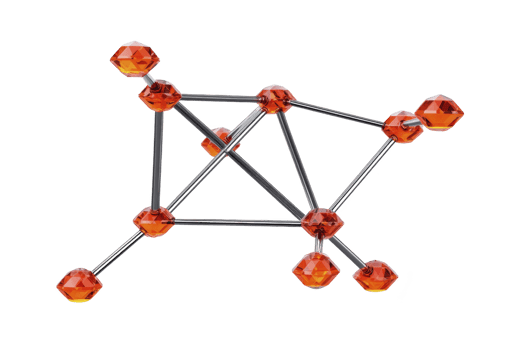 Geometric structure made of interconnected metal rods and orange crystal like nodes, resembling molecular model or abstract sculpture png
