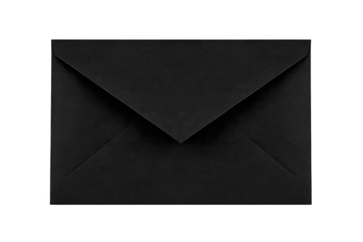 Black envelope with simple, elegant design is shown, symbolizing communication or invitation. envelope is closed, suggesting privacy or anticipation png