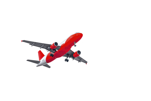Red and white commercial airplane is flying in clear sky, showcasing its undercarriage and engines. aircraft is captured mid flight, highlighting its sleek design and vibrant colors png