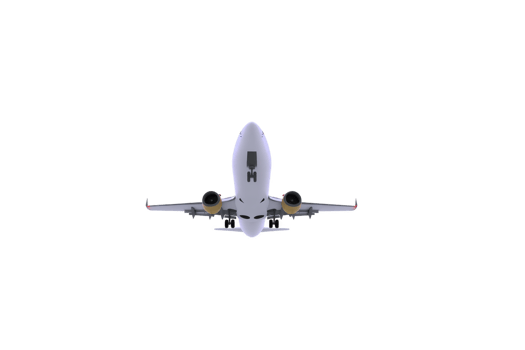 White commercial airplane is flying in sky, viewed from below, showcasing its wings and engines. aircraft is set against clear background, emphasizing its sleek design png