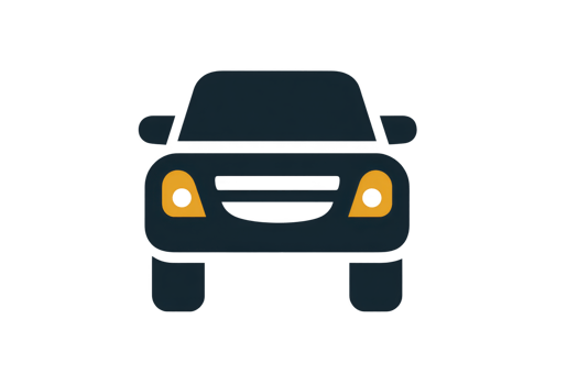 Simple illustration of car with minimalist design, featuring black body and yellow headlights, viewed from front. style is cartoonish and playful png