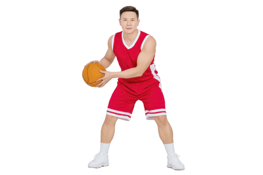 Man in red basketball uniform is holding basketball, ready to play. He stands confidently, showcasing athleticism and focus. background is plain, emphasizing subject png
