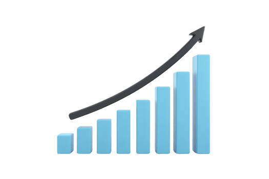 3D bar graph with blue bars and upward arrow represents growth and success in business or finance. increasing trend signifies positive progress and achievement png