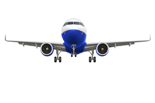 Commercial airplane with blue and white color scheme is flying directly towards viewer, showcasing its engines and wings. aircraft is set against clear background png