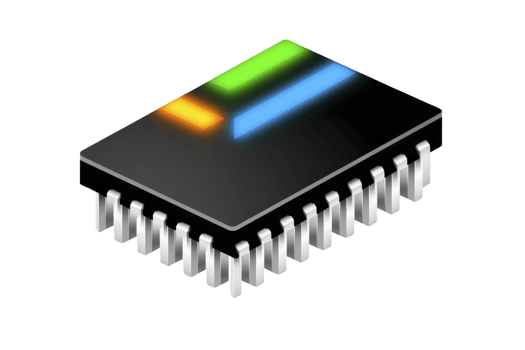 Black microchip with colorful LED indicators, featuring metallic pins its sides, represents modern technology and innovation electronics. vibrant lights suggest functionality and connectivity png