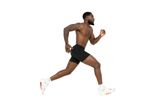 Muscular man is running energetically, wearing black shorts and white sneakers. His athletic build and focused expression convey determination and strength png