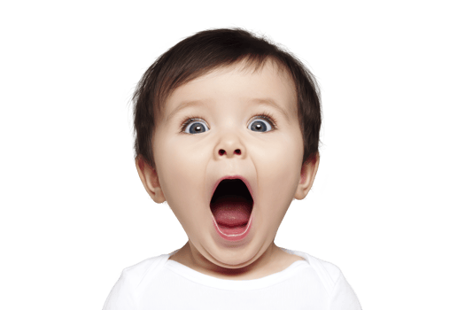 Surprised baby with wide eyes and open mouth, wearing white shirt, isolated on transparency background. expression is one of amazement and curiosity png