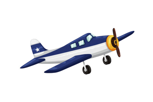 Blue and white vintage propeller airplane with star on tail is depicted in cartoon style, showcasing nostalgic and playful design png