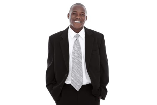 Smiling man in formal black suit and striped tie stands confidently against plain background, exuding professionalism and warmth png