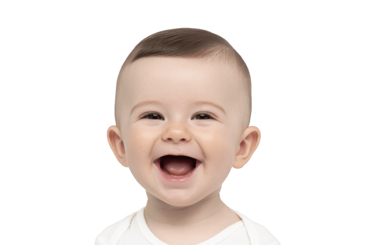 Joyful baby with big smile and bright eyes is wearing white shirt against plain background. image captures innocence and happiness of childhood png