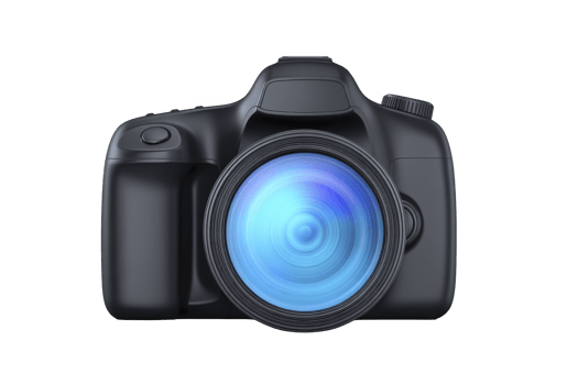 Digital camera with large blue lens is depicted, showcasing modern photography equipment. camera is black, emphasizing its sleek and professional design png