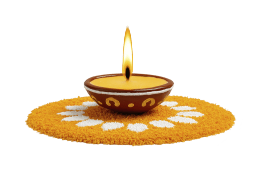 Traditional clay oil lamp with bright flame sits on decorative yellow and white rangoli, symbolizing warmth and celebration png
