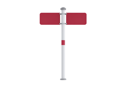 Red blank street sign on metal pole stands isolated against transparency background, ready for customization or directional use png