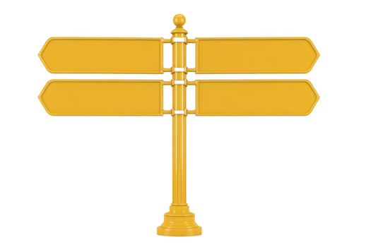 Yellow directional signpost with four blank arrows stands on sturdy base, ready for customization. vibrant color and clear design make it ideal for guiding directions in various settings png