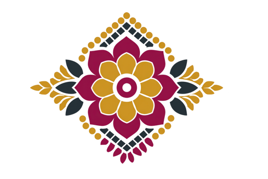 Vibrant geometric floral design features central pink and yellow flower with symmetrical leaves and dots, creating balanced and decorative pattern png