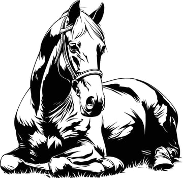 Horse Resting Lying Down Black White Line Art vector
