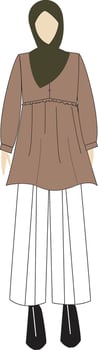 Modest Fashion Illustration, Brown Tunic with Hijab and White Wide-Leg Pants, Muslim Outfit vector