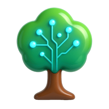 A futuristic nature-based 3D tree with high-gloss foliage and blue data points showing connectivity, brown stylized base, floating on white png