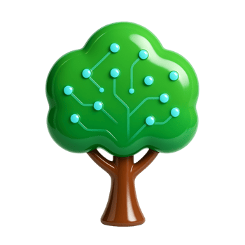 A visually modern and intelligent 3D rendering of a green tree icon with embedded blue dot nodes and smooth brown trunk, symbolizing tech-enhanced eco-solutions png