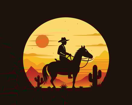 Silhouette illustration of a cowboy riding a horse with a desert sunset background in a circular frame. vector