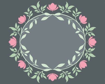 Elegant floral circular frame with pink flowers and green leaves arranged beautifully on a gray backdrop. vector
