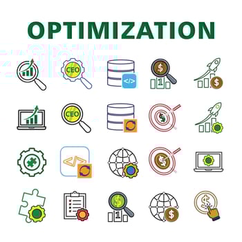 Optimization icon set. Database, workflow, SEO, Network, Digital Marketing, etc. Symbol for Process, automation, productivity99 vector