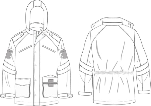 Utility Jacket Front and Back Illustration, Hooded Jacket with Pockets and Military Details vector