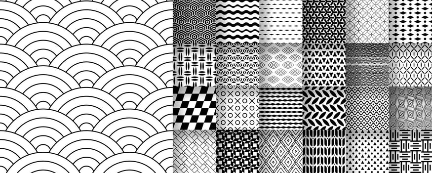 Collection of seamless black and white patterns suitable for packaging, fabric, and digital design, . vector