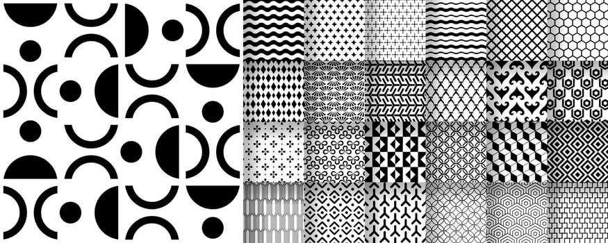 Set of seamless black and white patterns suitable for packaging, fabric, and digital design, . vector