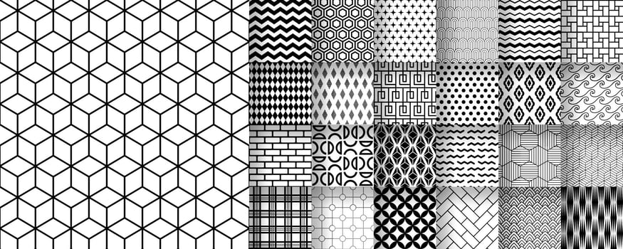 25 seamless black and white patterns suitable for packaging, fabric, and digital design, . vector